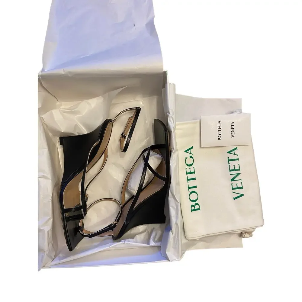 Bottega Veneta Leather Stretch Wedge Sandals Ankle Strap Square Toe 35.5/ US 5.5 - Picture 11 of 14